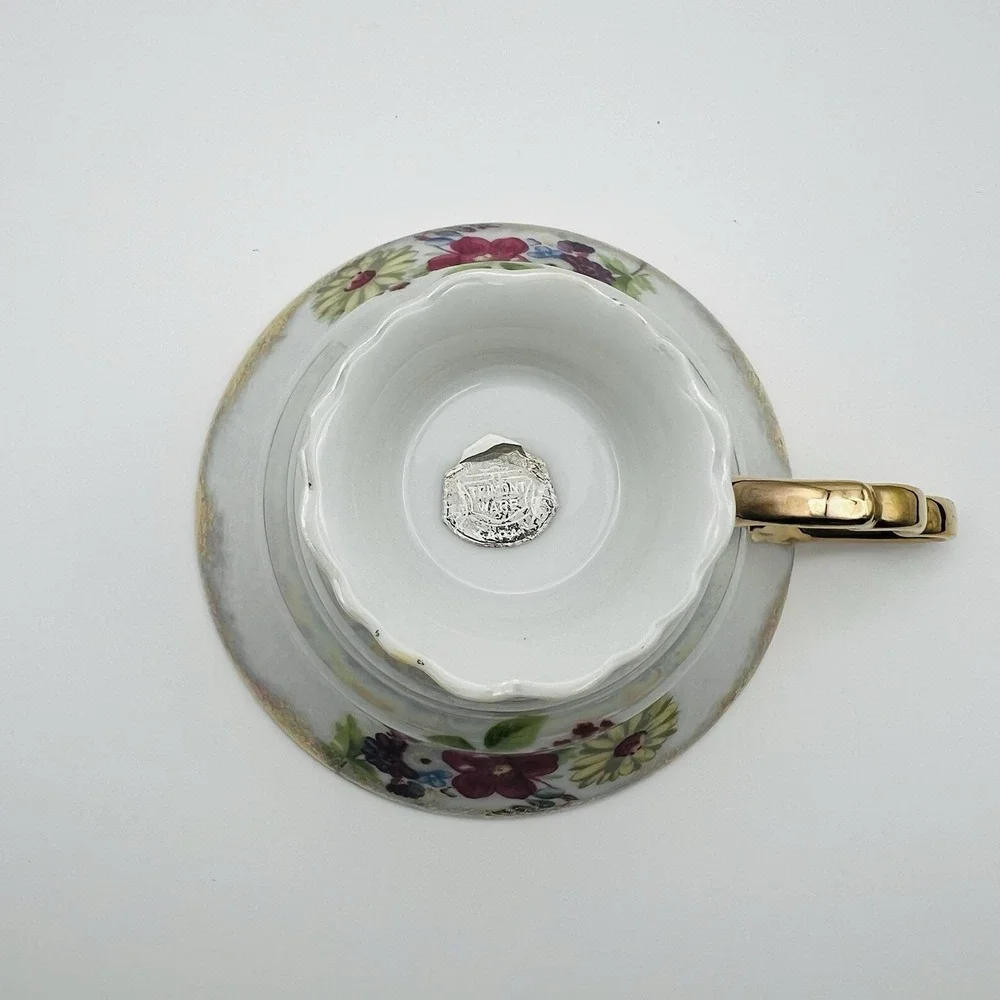 Trimont Ware Japan Pedestal Teacup Saucer Floral Gold Gilt Luster Vintage Tea Se